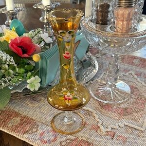 Amber Hand-Painted Bud Vase with Floral Motif